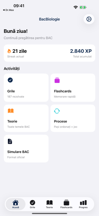 Ecranul principal BacBiologie — streak, XP și activități