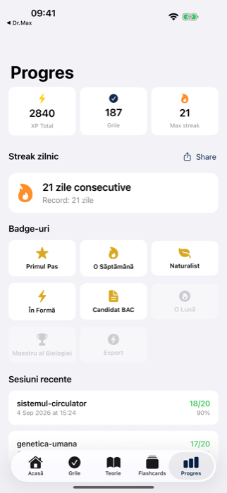 Progres — streak, XP și badge-uri